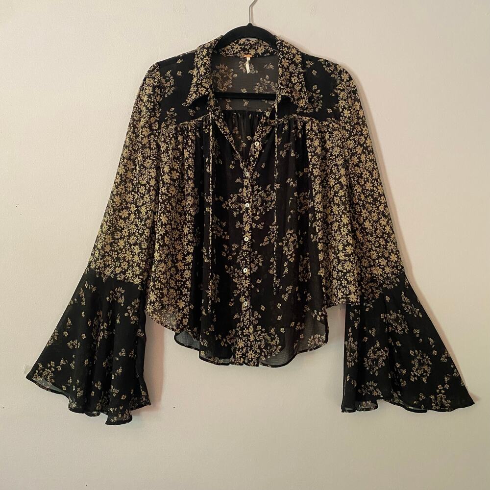 Free People Black Tan Floral Whimsygoth Sheer Button Down Blouse Women's Medium - Picture 2 of 10